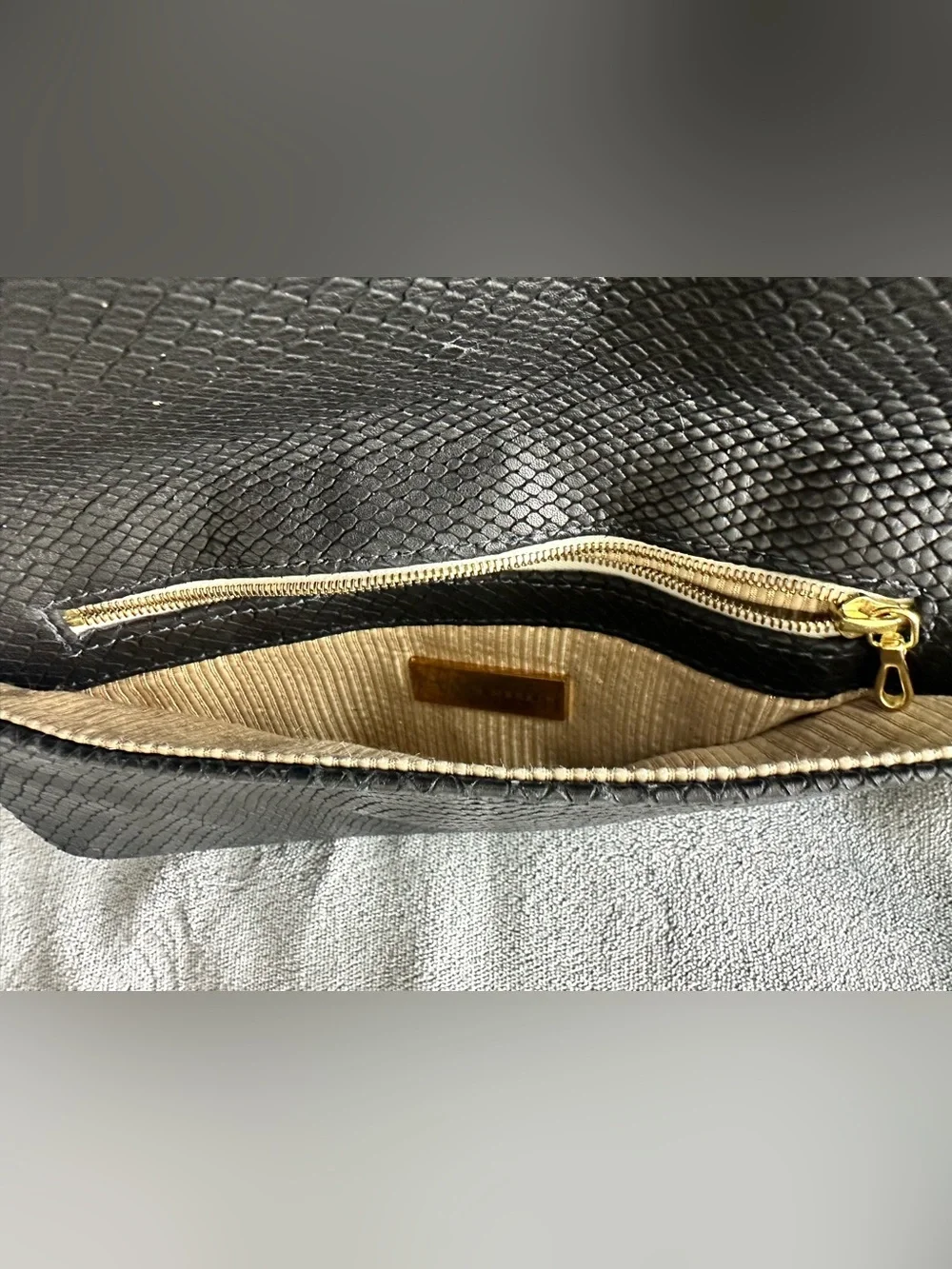 Lauren Merkin Black Snake Embossed Leather Foldover Clutch Gold Zip